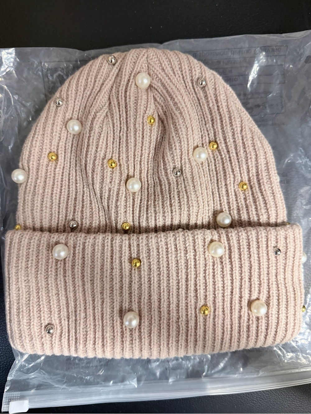 Pearl-Embellished Cream Knit Beanie - Women's Winter Hat